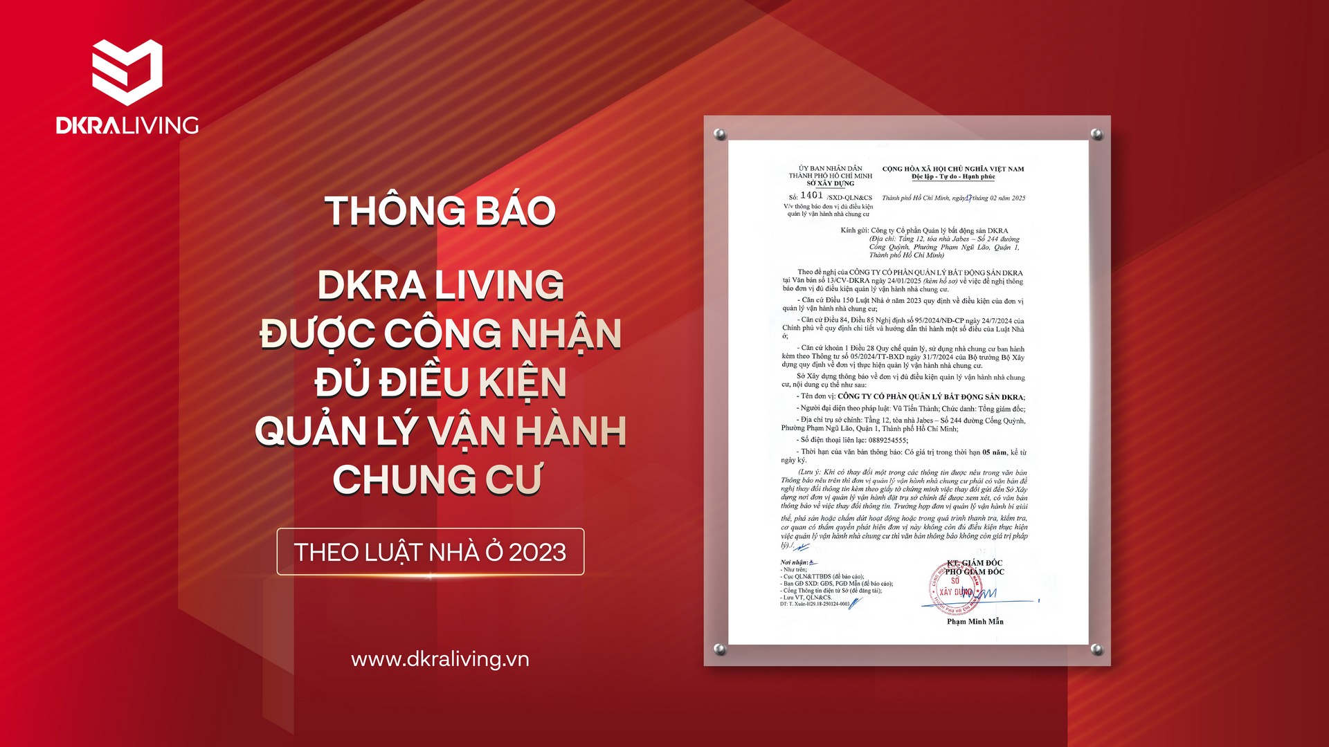 Thông báo: DKRA Living đủ điều kiện trong công tác quản lý vận hành chung cư theo Luật Nhà ở 2023