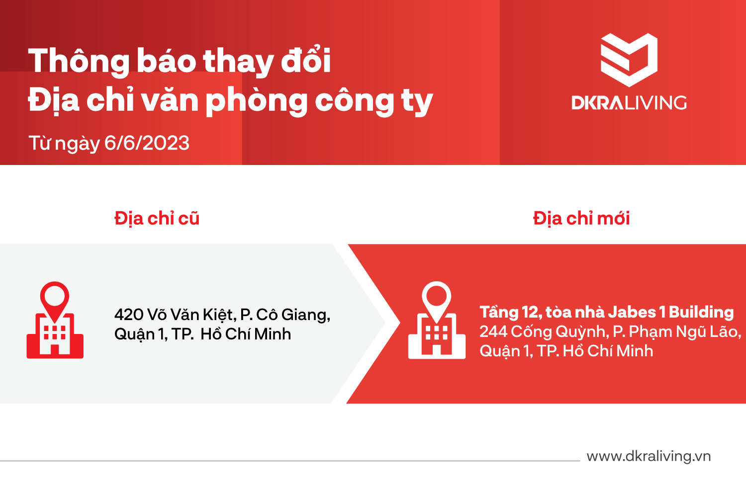 DKRA Living thông báo thay đổi địa chỉ văn phòng công ty